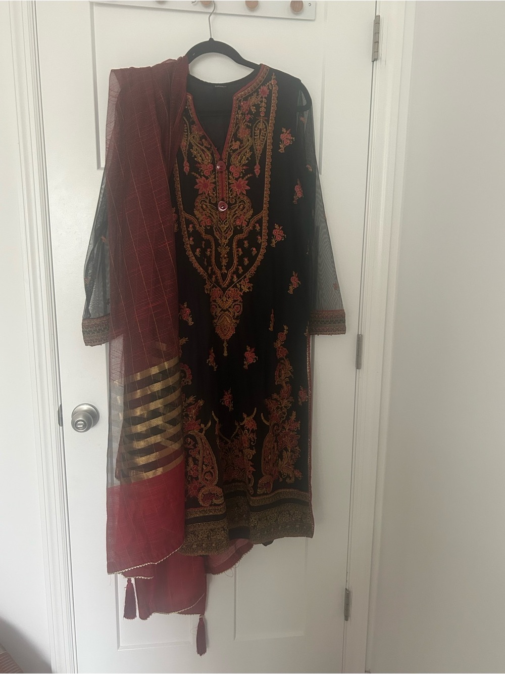 Embroidered Black & Maroon Ethnic Dress with Matching Dupatta